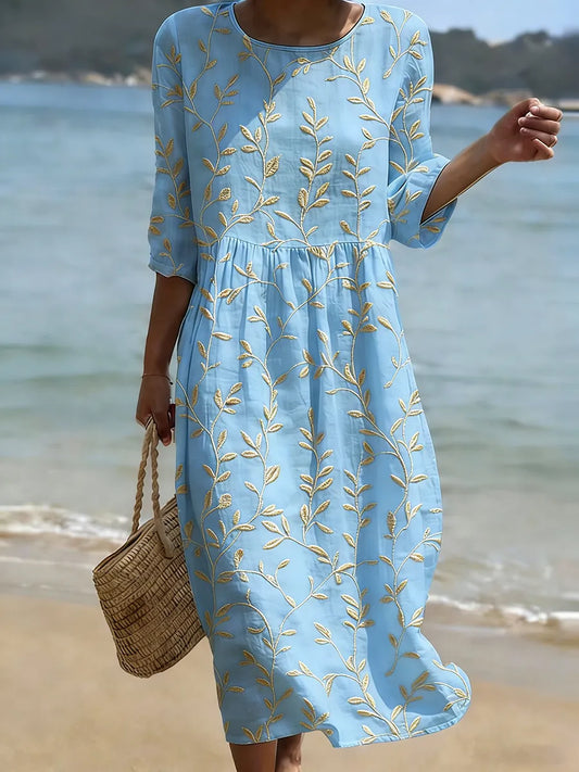 Natalie | Midi-Kleid mit Pflanzen- und Blumenmuster und Rundhalsausschnitt