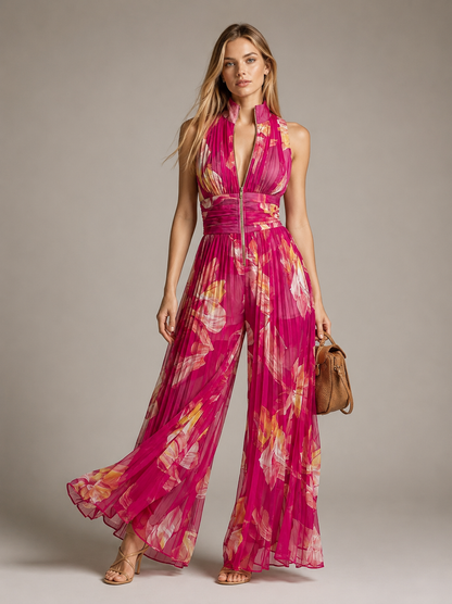 Leïla | Combinaison plissée florale fuchsia